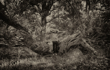 Woman in fetal position among tree roots  symbolizing connection with nature and rebirth.