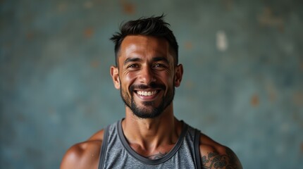 Confident athletic man smiling in gray tank top against blue background