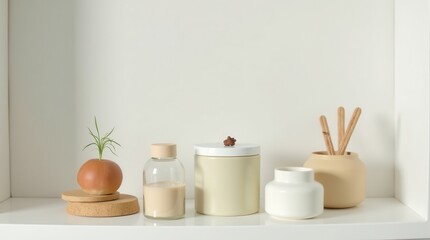 Minimalist shelf display with natural decor and simple containers