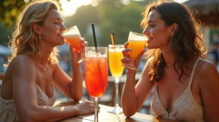 Women enjoying refreshing cocktails at sunset in a tropical outdoor setting