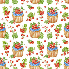 Seamless pattern with sweet cupcakes and red currant. Watercolor print for festive textiles, confectionery packaging, culinary paper, scrapbooking. Colorful pattern with pastries and summer berries.