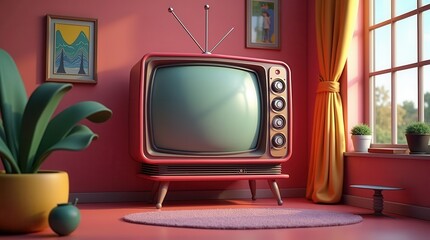 Vintage television in retro living room with vibrant colors and mid-century decor