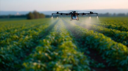 A drone efficiently sprays a vast green field, showcasing modern technology in agriculture for crop health and productivity.
