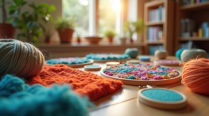 Cozy crafting: colorful embroidery and yarn in a sunlit creative space