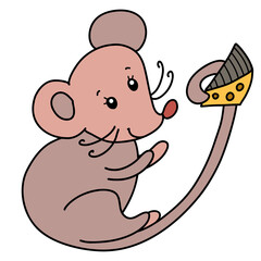 happy cute pink mouse holding a piece of tasty cheese in its tail