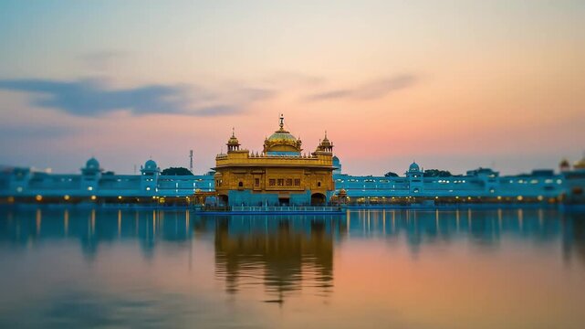 Golden Temple Reflecting On Water Surface At Sunset In Amritsar India
