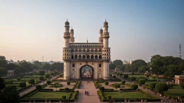 Grand Charminar Monument Elevated View in Hyderabad India During Sunny Day