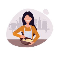 A woman is cooking and stirring the dough with a spoon in her home kitchen.
