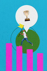 Vertical 3d sketch image trendy collage of happy businessman run chart carry flag bubble goblet...