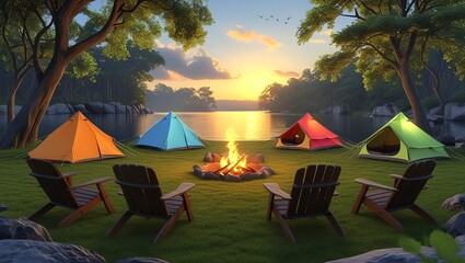 A serene camping scene featuring an orange tent beside a glowing campfire amidst tall trees and mountains at sunset, Ideal for outdoor lifestyle