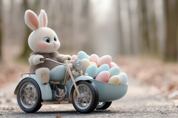 Adorable Easter bunny riding a motorcycle with a basket of pastel-colored Easter eggs in the sidecar, forest scenery behind