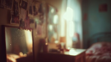 A warmly lit bedroom capturing dust particles in gentle morning sunlight, creating a serene and nostalgic atmosphere.
