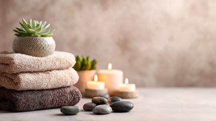 Stacked towels, candles, stones, and a small succulent create a peaceful spa-like atmosphere on a neutral background