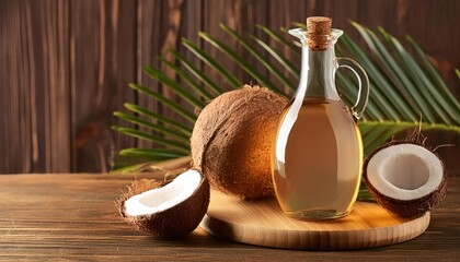 Bottle of Organic Coconut Oil on Wooden Table with Copy Space for Text
