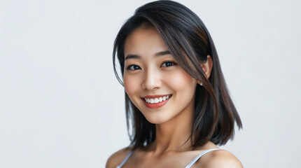 A beautiful, smiling young brunette woman with braces, eyes sparkling with happiness, models for a charming closeup studio portrait, a beautiful young woman, smiling, waist-up portrait, natural skin