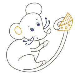 happy cute mouse holding a piece of tasty cheese in its tail, color outline