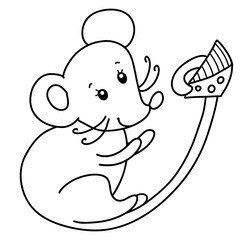 happy cute mouse holding a piece of tasty cheese in its tail, black outline