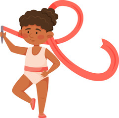 Smiling dark skinned girl in a leotard practices rhythmic gymnastics with a colorful ribbon, performing exercises that embody the spirit of children s sports and active lifestyles
