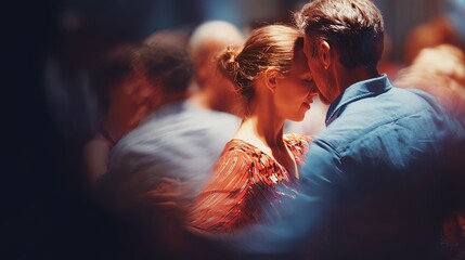 A couple shares a tender moment while dancing closely at a lively evening event, surrounded by a blurred crowd.