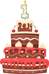 Three tiered chocolate birthday cake featuring rich red and white icing, topped with cherries and a glowing number one candle, marking a joyful first birthday celebration