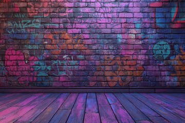 A colorful brick wall covered in graffiti art, with vibrant purple, blue, and orange lights reflecting on a wooden floor