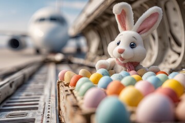 Cute Easter bunny working like airport staff, loading colorful Easter eggs into the cargo hold of an airplane