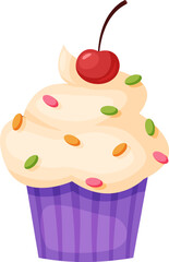 Creamy vanilla frosting swirls atop a purple wrapped cupcake, adorned with colorful sprinkles and a single, vibrant red cherry, creating a sweet and visually appealing treat