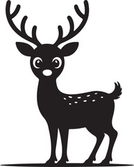 Black and white Baby Deer silhouette vector illustration with antlers in natural wildlife style. Christmas reindeer silhouette vector set. reindeer icon
