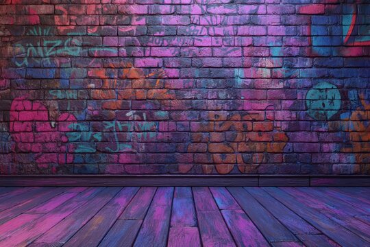 A colorful brick wall covered in graffiti art, with vibrant purple, blue, and orange lights reflecting on a wooden floor