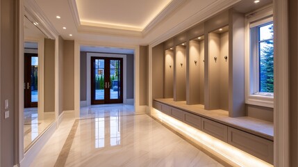 Elegant entryway showcasing modern design with soft lighting and minimalist decor