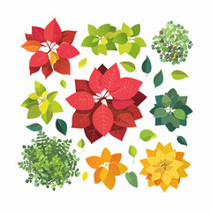 An overhead view of various colorful plant illustrations, showcasing different shapes, sizes, and vibrant hues, perfect for decorative design.
