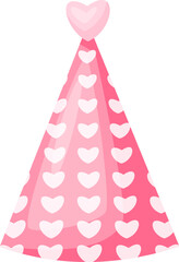 Pink party hat adorned with small white hearts and topped with a larger heart, symbolizing love, celebration, and joy for festive occasions and special events