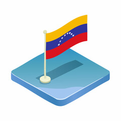 Isometric illustration of the flag of Venezuela waving on a pole with a blue platform, representing the country's national symbol.