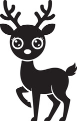 Black and white Baby Deer silhouette vector illustration with antlers in natural wildlife style. Christmas reindeer silhouette vector set. reindeer icon