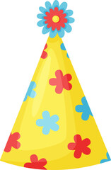 Bright yellow party hat adorned with vibrant red and light blue flowers, featuring a larger flower on top, perfect for celebrating birthdays and festive events with joy and cheer