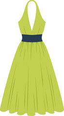Light green halter neck dress with dark belt and flared skirt hanging on white background, perfect for summer parties and special occasions