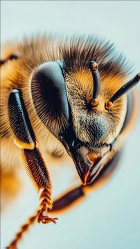 A close-up  of a bee with pollen on its legs and antenna. The bee is captured in mid-flight, showcasing its intricate body structure.