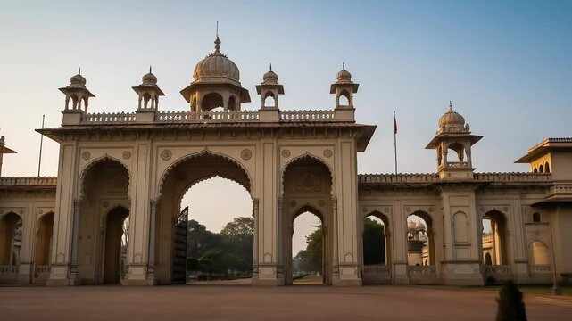 Ornate Entrance Gate of Historical Building in Lucknow India During Golden Sunrise
