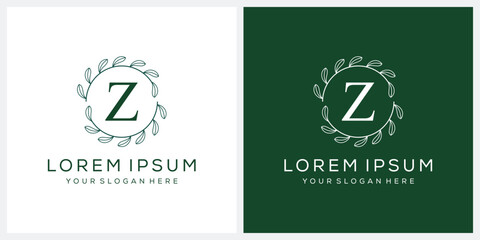 Initial letter Z cosmetic spa and fashion logo design, serif font symbol icon, green leaf organic graphic vector