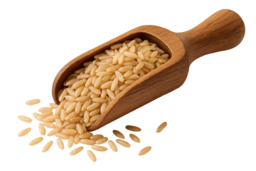 Isolated Wooden Utensil with Rice Grains for Healthy Eating, Nutrition, and Culinary Presentations