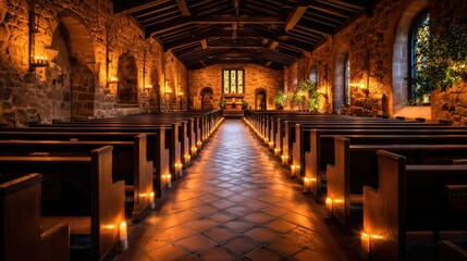 Fototapeta premium Serene interior of a historic chapel with candlelit pews and stained glass windows