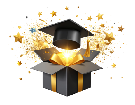 Open Graduation Gift Box with Flying Cap and Stars, Celebration Concept PNG