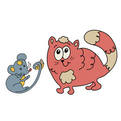 funny friendship, fat cute cat and funny mouse with piece of cheese