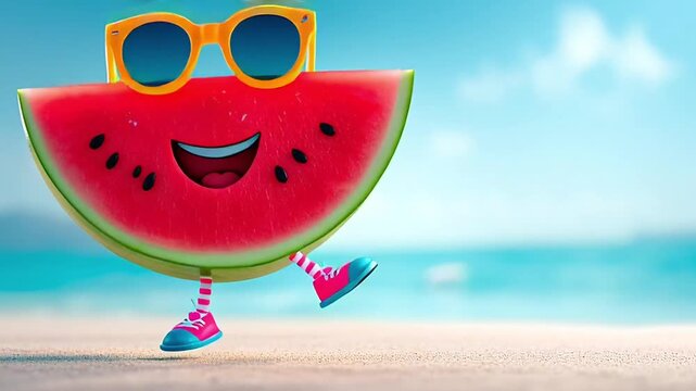 smiling watermelon slice wearing sunglasses cheerful, sunny beach backdrop with vibrant pops of color. 