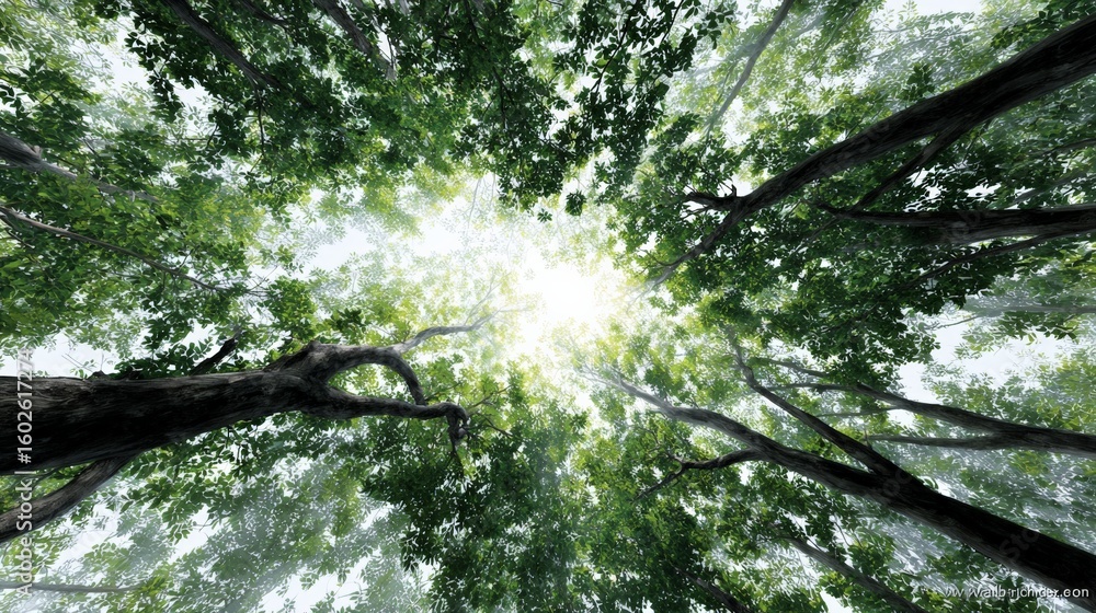 Poster sunlight filters through the canopy of lush green trees in a tranquil forest, creating a mesmerizing