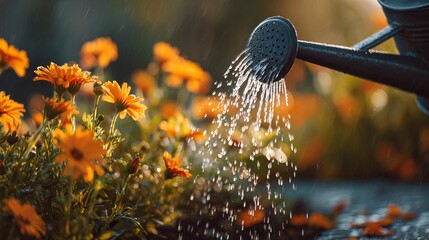 Watering vibrant marigold flowers in a garden setting.