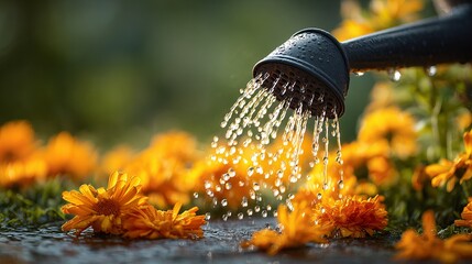 Watering vibrant marigold flowers in a garden setting.