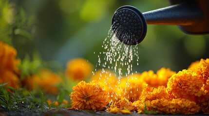 Watering vibrant marigold flowers in a garden setting.