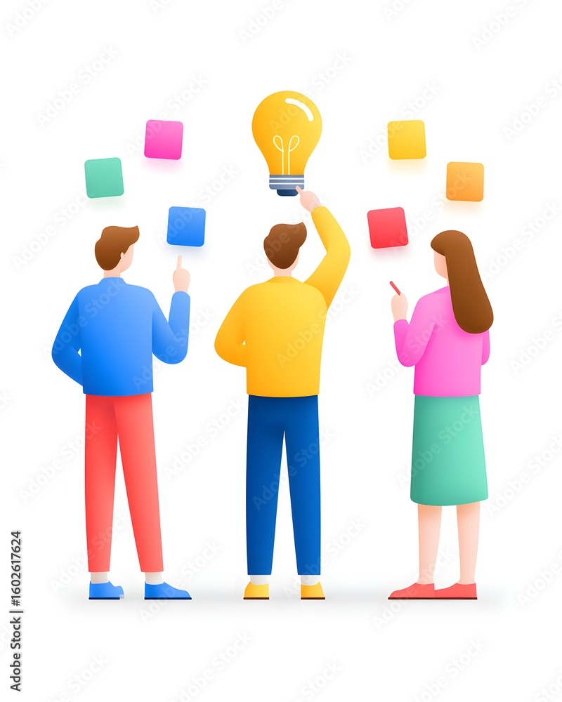 Poster three people brainstorming with colorful sticky notes and a glowing lightbulb symbolizing a bright i