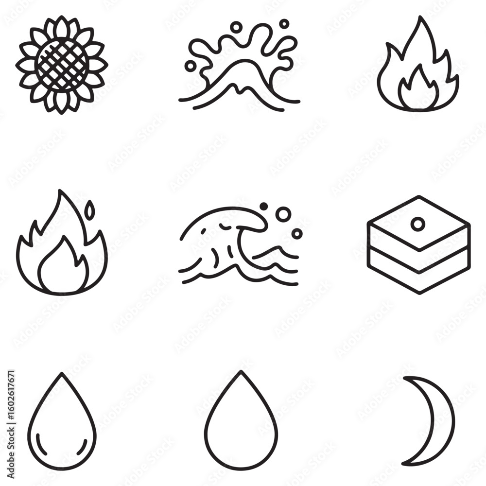 Aufkleber a collection of simple line art icons representing natural elements and symbols